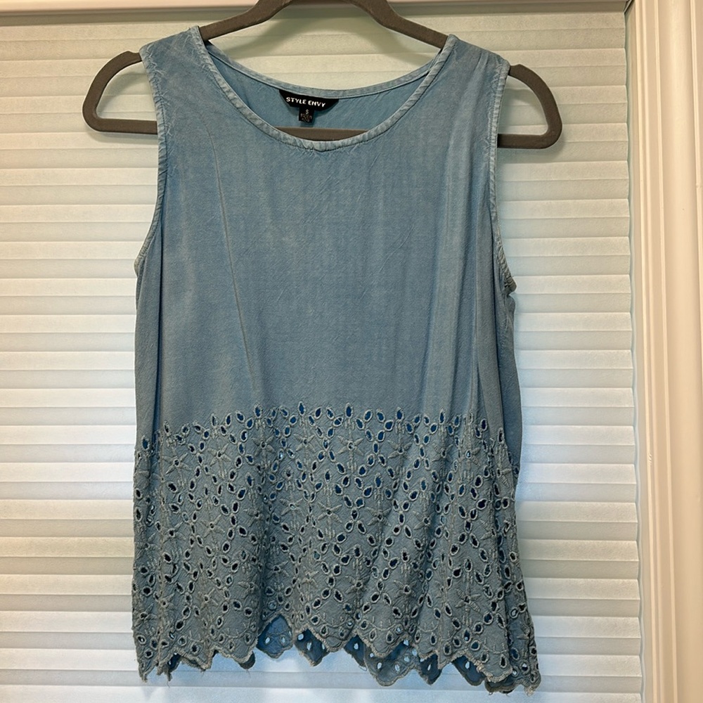 Style Envy Casual Denim-colored tank top with cut outs.